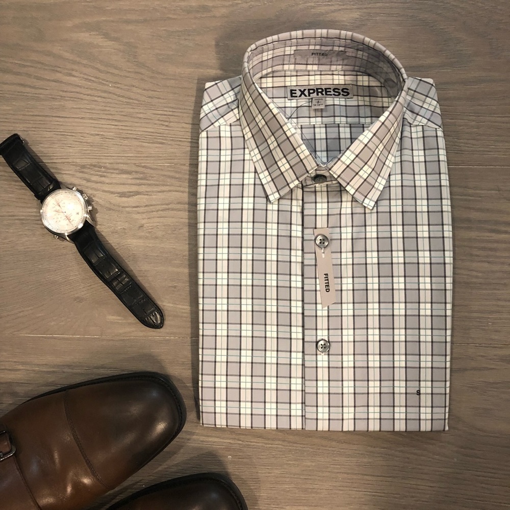 EXPRESS NWT Mens Fitted Checkered Grey Shirt